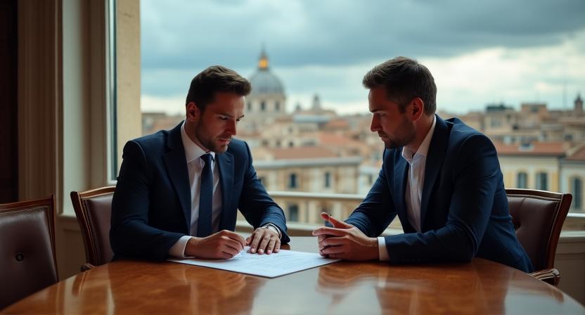 Un avvocato e un analista che revisionano un contratto con grafici climatici in background
